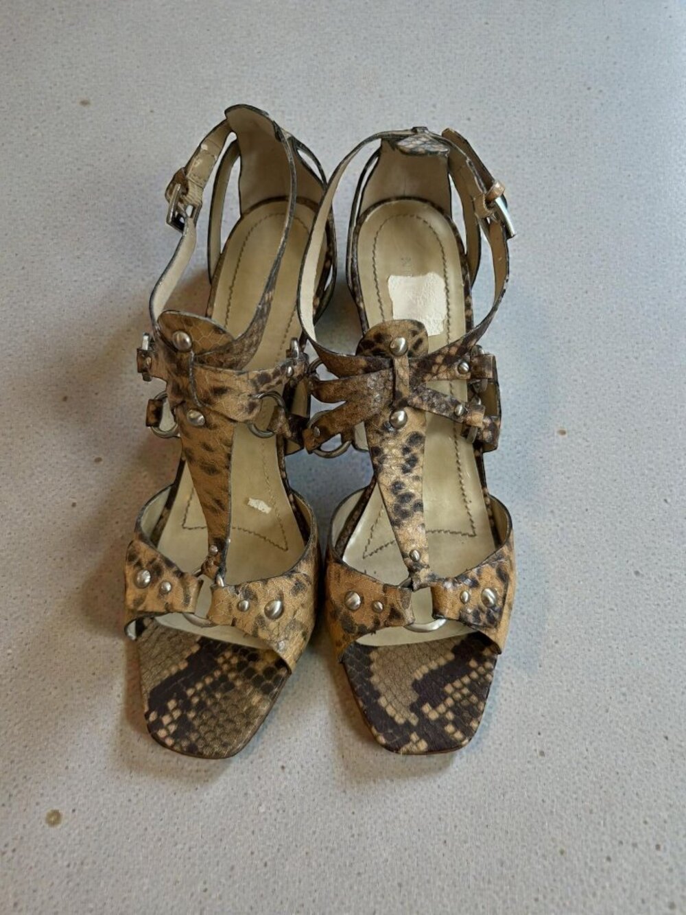 NINE WEST Tan Snake Print Heels Sandals Size 9.5